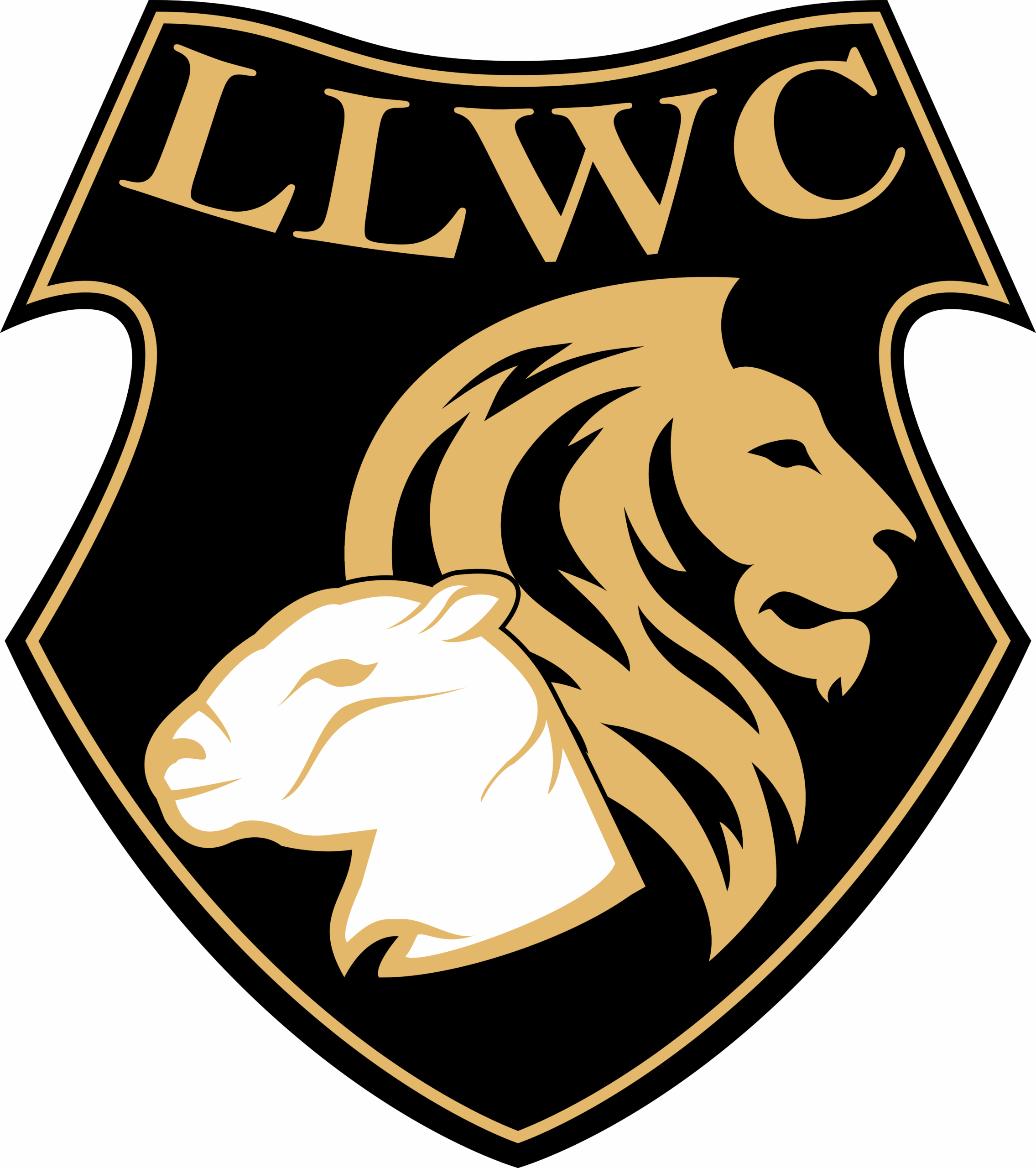 Emblem of the Lamb and Lion Worship Center (LLWC), featuring a gold and white shield with a stylized lion and lamb, symbolizing strength, faith, and worship.