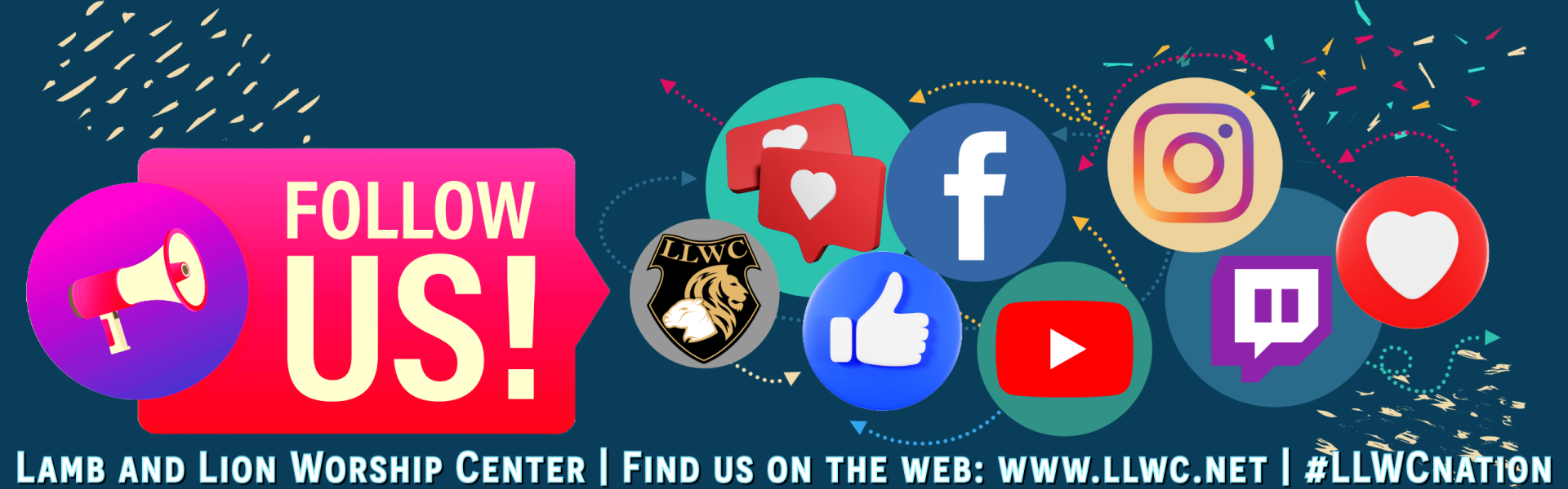 Social media icons and follow message with church branding and website link for LLWC.