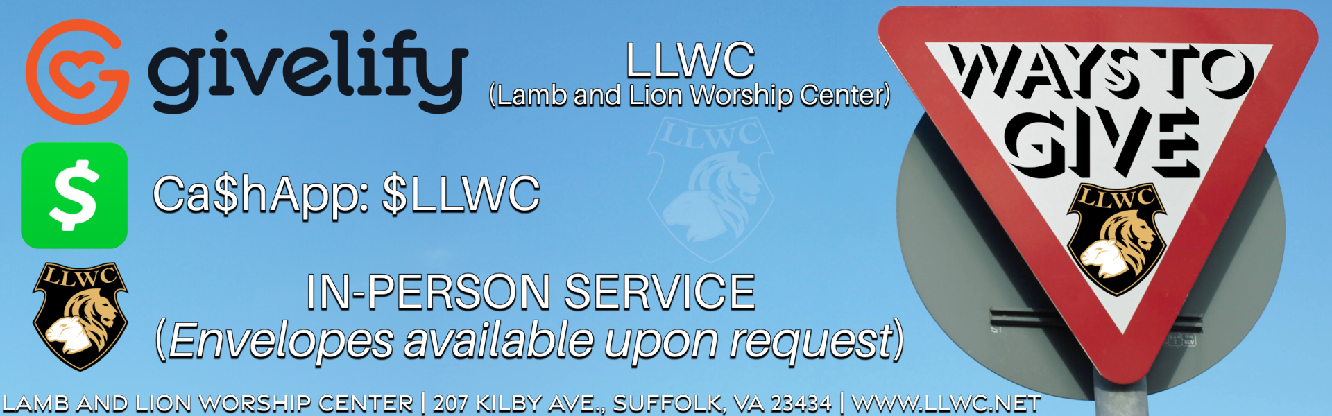 LLWC giving options image showing Givelify and CashApp details, with a signpost graphic labeled 'Ways to Give'.