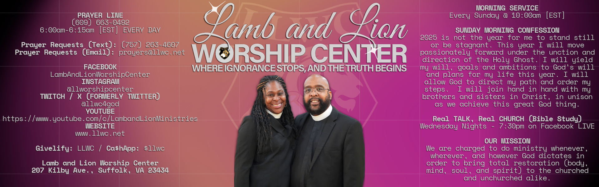 Informational image with LLWC service times, mission statement, contact details, and social platforms.